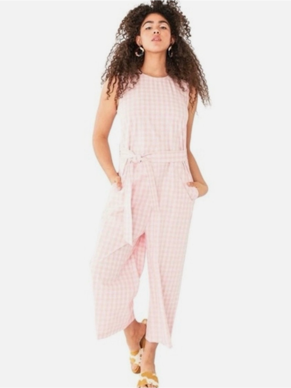 Bando Pink Gingham Sleeveless Romper Jumpsuit with Waist Tie NWT M